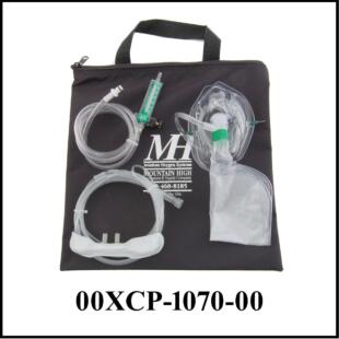 Clear face mask, cannula and Flowmeter on black tote bag
