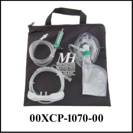 Clear face mask, cannula and Flowmeter on black tote bag